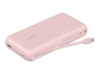 Belkin BoostCharge - Power bank - med integrerad kabel - 20000 mAh - 30 Watt - PD - 3 utdatakontakter (2 x USB-C, USB) - MFI-certifierad - rosa BPB024HQPK